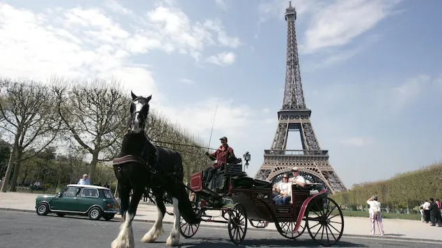 游客乘坐马车游览巴黎。