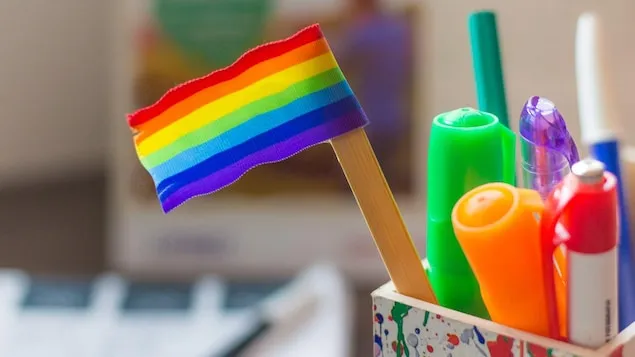 笔架上一面 LGBTQ 旗帜。