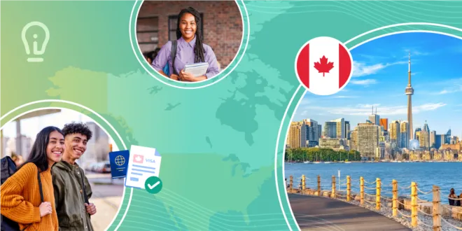 A skyline view of Toronto from Toronto Island: tall modern towers framed by a blue sky and Lake Ontario. Photographs of international students complement the landscape image.